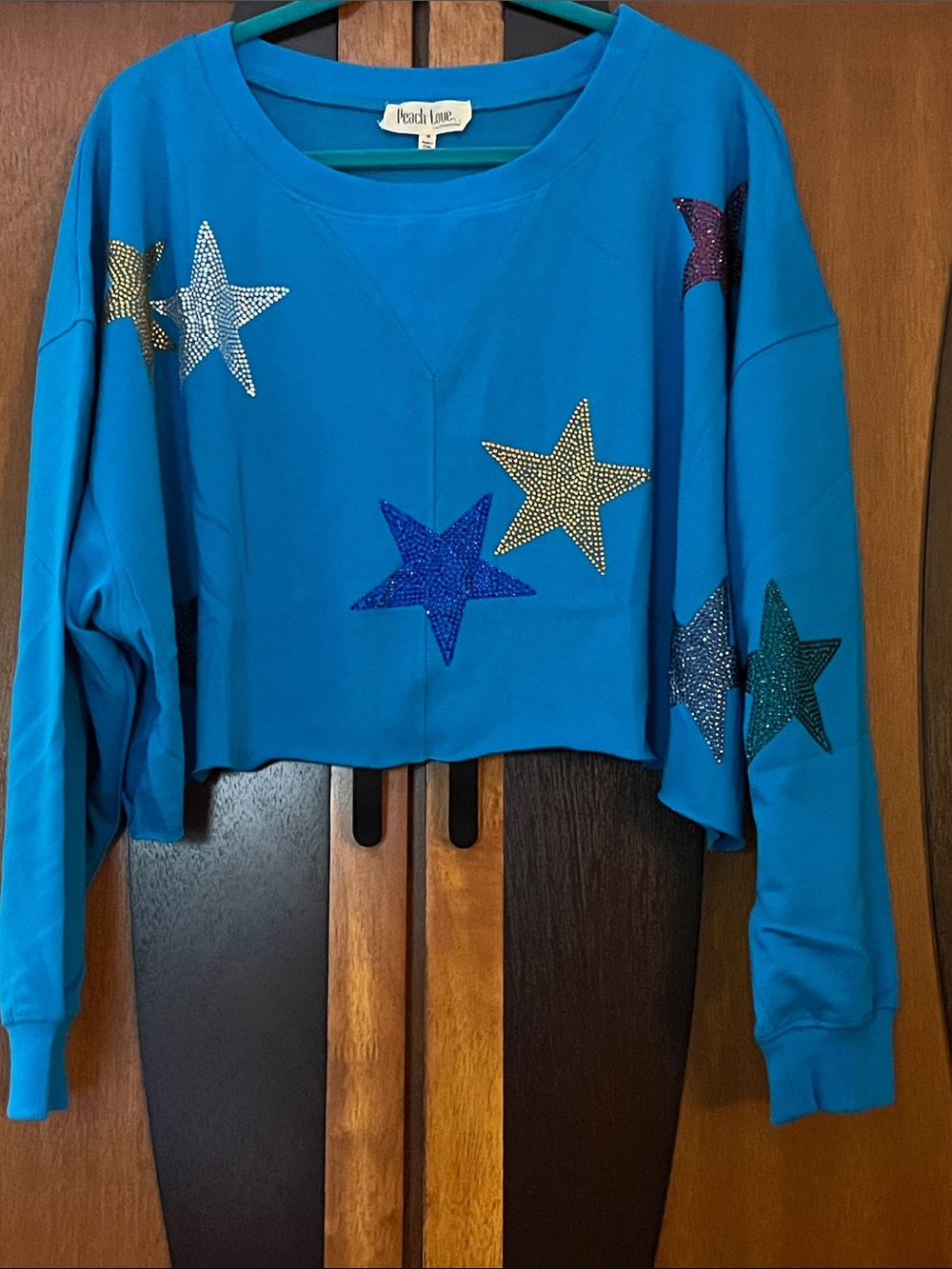 NWOT Peach Love California Blue Cropped French Terry Sweatshirt w/Crystal Stars